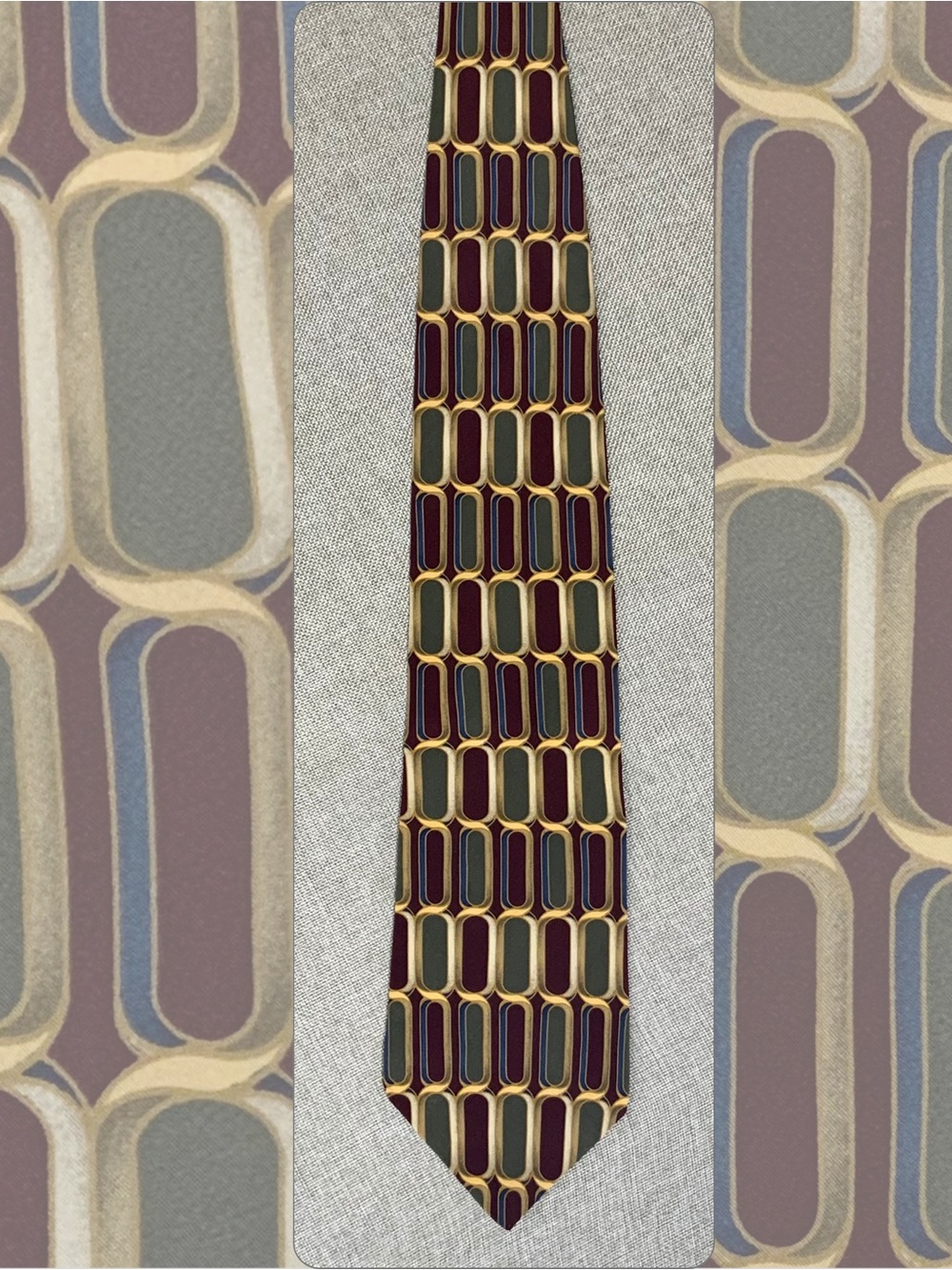 Bill Blass Black Label Silk Necktie Geometric Maroon Olive Gold